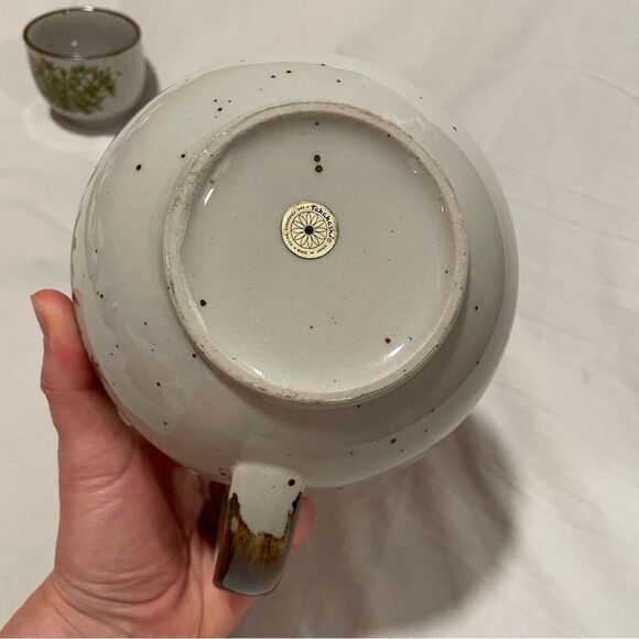 Takahashi vintage floral pattern gray speckled stoneware tea pot with 4 teacups - Picture 7 of 16